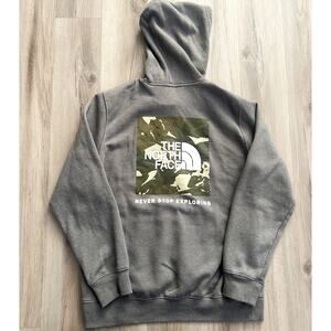 The North Face L Grey Hoodie Camouflage Logo Print Never Stop Exploring Graphic